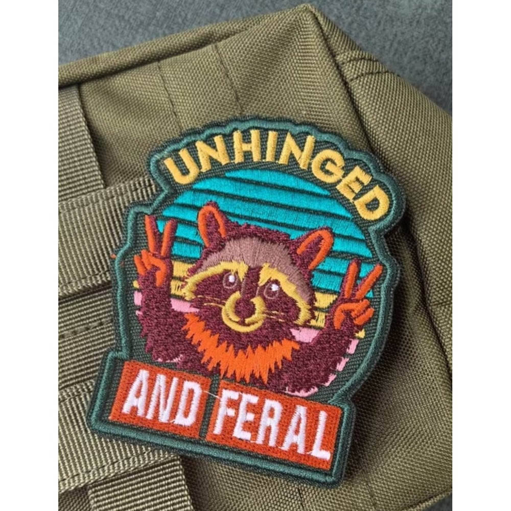 Unhinged and Feral Raccoon Embroidered Iron On Patch Retro Sunset Peace Signs
